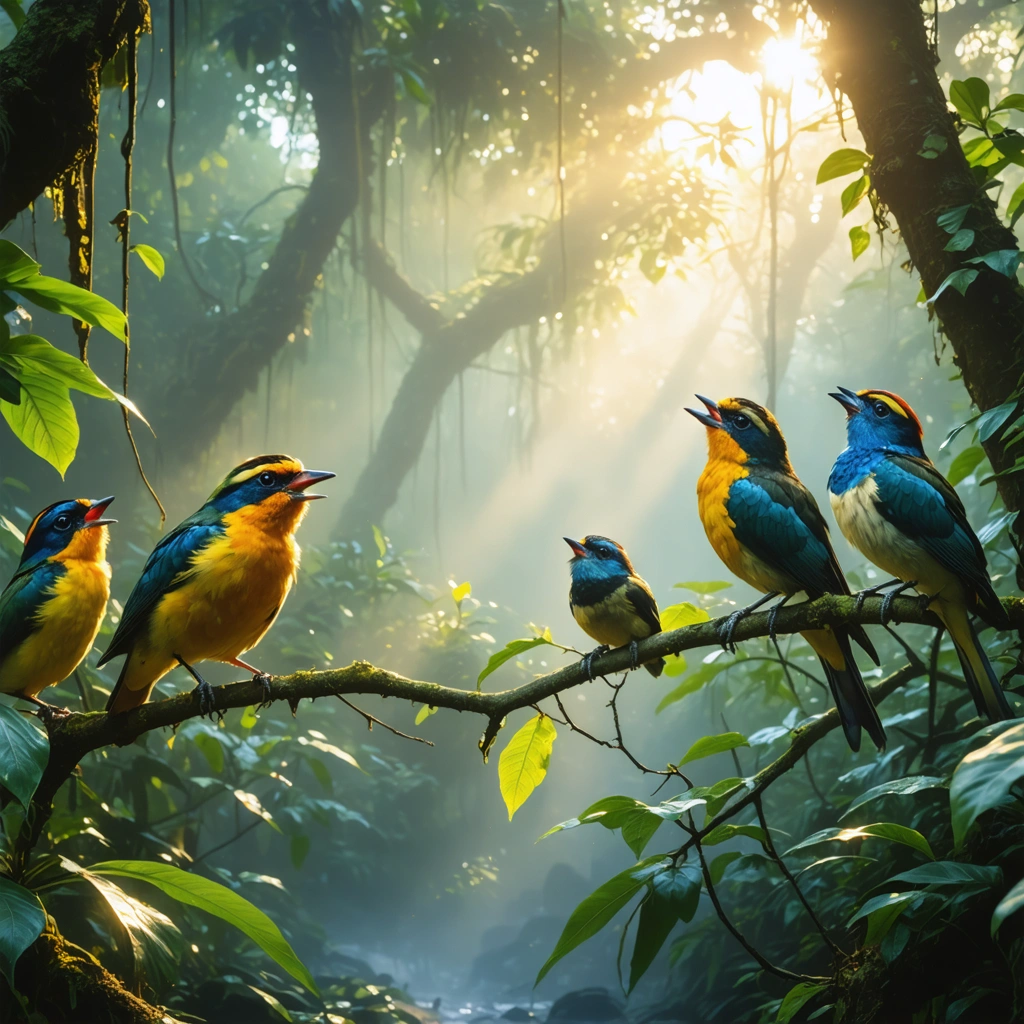 Aube dans une jungle tropicale, avec une brume légère et des oiseaux exotiques perchés sur les branches, dont une famille de barbus à face jaune, éclairés par les premières lueurs du soleil.