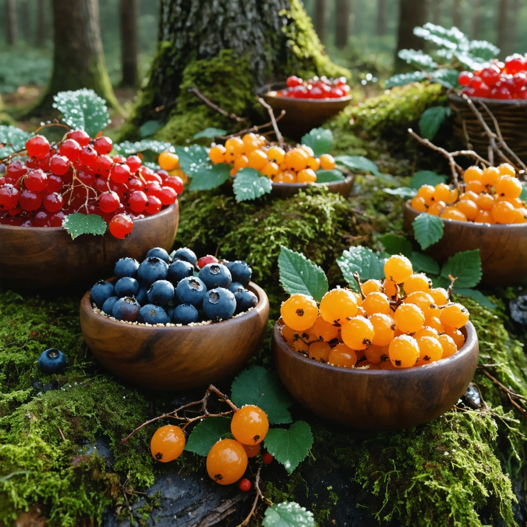 Diverses baies sauvages typiques de la Finlande et de la Laponie comme la plaquebière, la myrtille, l'argousier et l'airelle exposées dans des bols rustiques, posés sur un tapis de mousse en pleine forêt nordique.