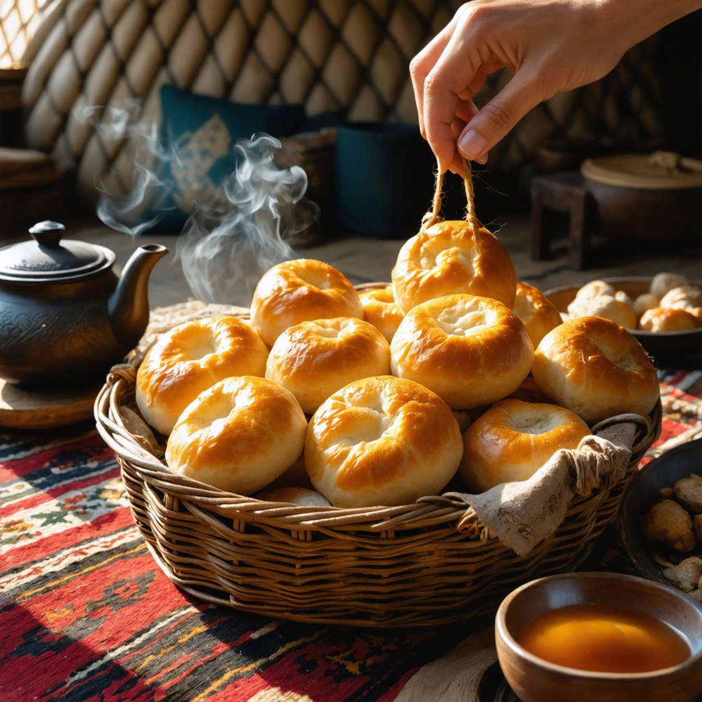 Un panier de boorsok dorés posé sur une table basse dans une yourte kirghize, entouré de mains prêtes à les déguster, avec une théière fumante en arrière-plan, créant une ambiance chaleureuse et conviviale.