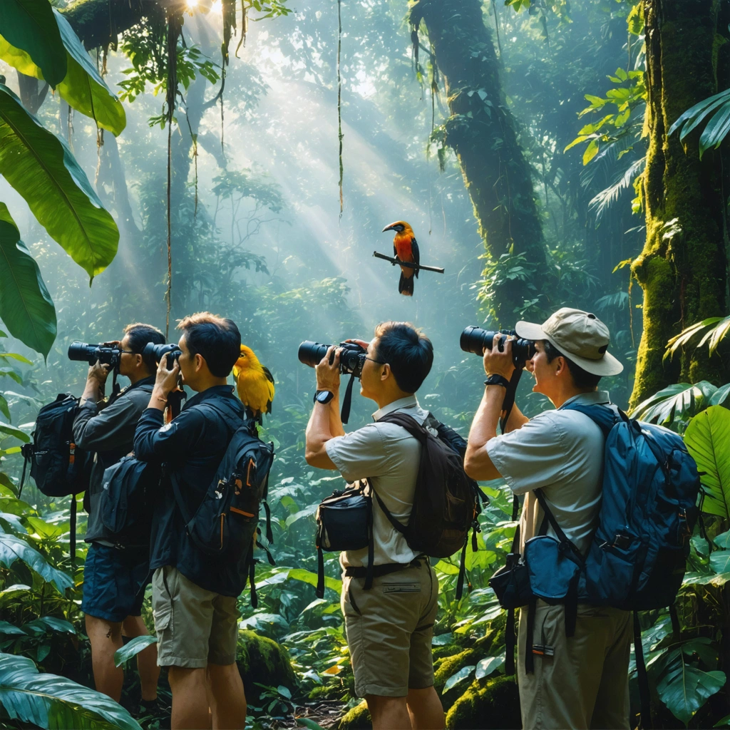 Groupe d'observateurs d'oiseaux dans la forêt tropicale de Bornéo, observant un calao rhinocéros perché sur une branche, entouré de végétation luxuriante au lever du soleil.