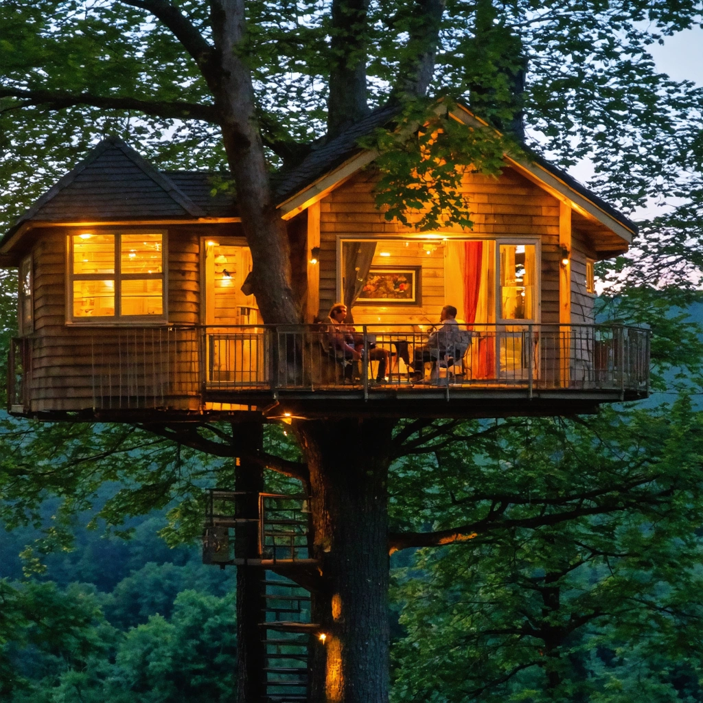 Une cabane dans les arbres éclairée le soir, entourée de forêt et d'une ambiance chaleureuse, typique d'un hébergement insolite pas cher.