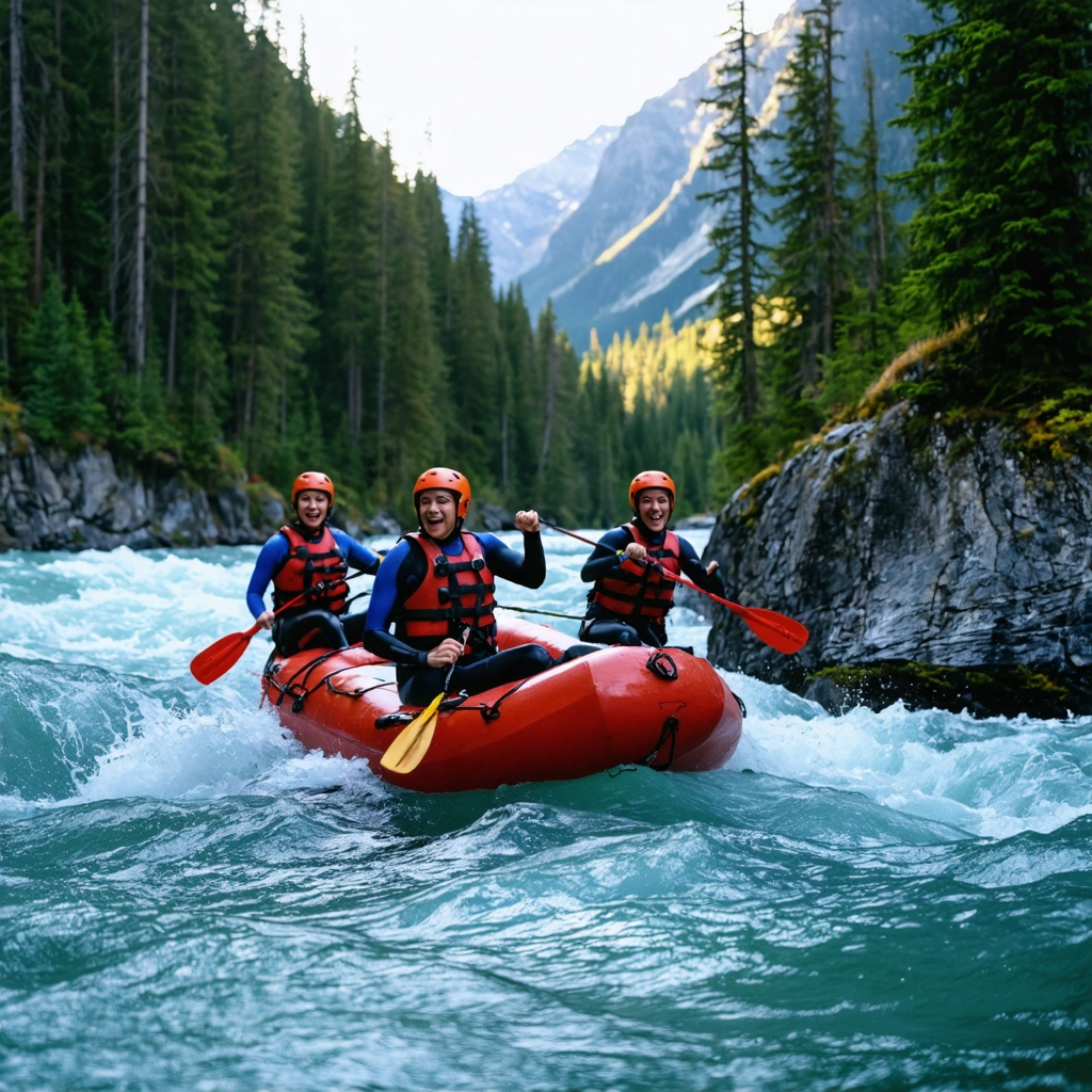 Groupe de personnes en combinaison et casque pratiquant le canyoning dans une rivière sauvage entourée de forêts et de canyons rocheux en Colombie-Britannique