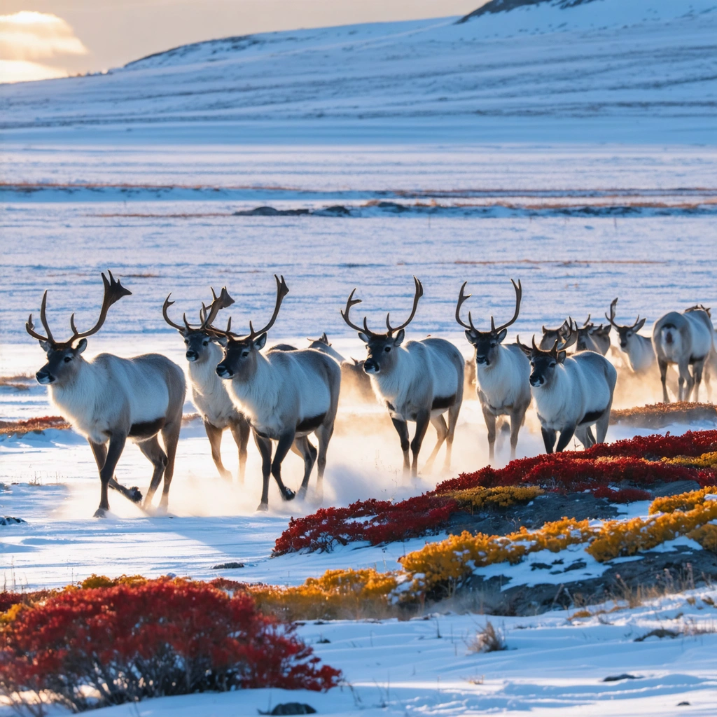 Un troupeau de caribous parcourant la toundra arctique sous le soleil de minuit, avec des collines et un paysage nordique coloré.