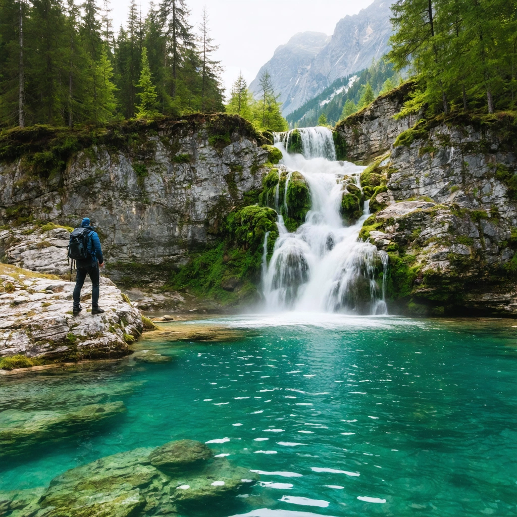 Vue d'une cascade secrète dans les Alpes juliennes en Slovénie, entourée de forêt et de rochers couverts de mousse, avec un randonneur en admiration devant le paysage.