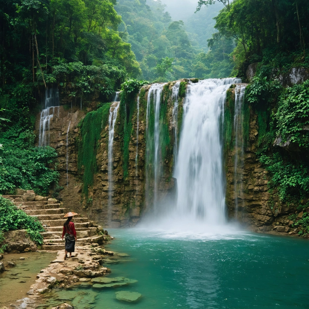 Photo d'une cascade cachée dans la jungle luxuriante du nord du Laos, avec un villageois laotien marchant sur un sentier et une atmosphère sauvage et mystérieuse.