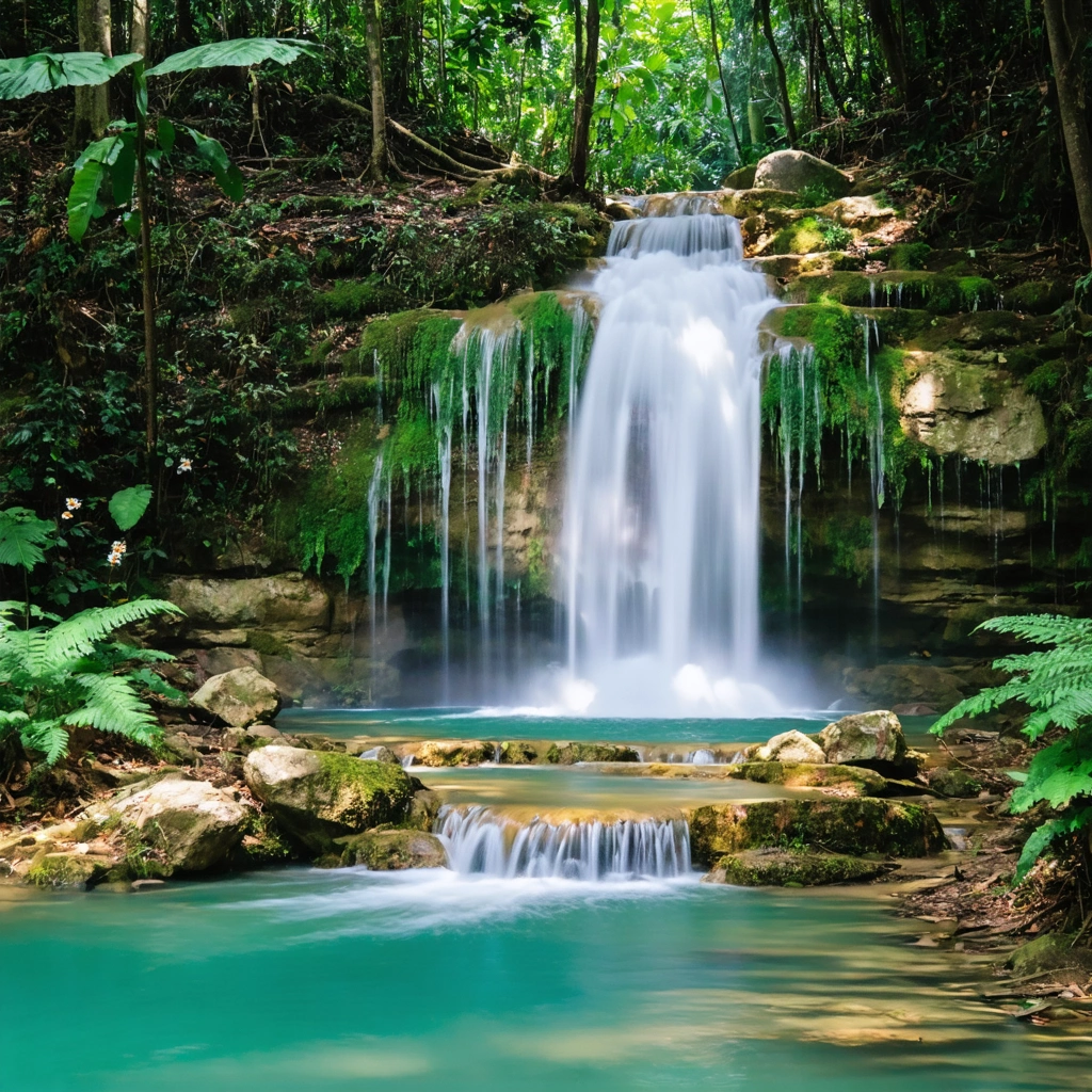 Grande cascade cachée tombant dans une piscine turquoise au cœur d'une jungle luxuriante, entourée de plantes tropicales et de fougères géantes, sans présence humaine, évoquant une ambiance d'aventure et de nature sauvage.