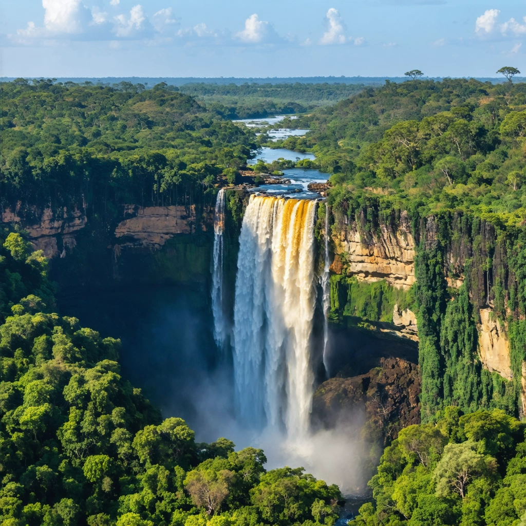 Vue d'une cascade secrète entourée de jungle luxuriante dans le nord-ouest de la Zambie, avec des rayons de soleil filtrant à travers les arbres et aucun touriste en vue.