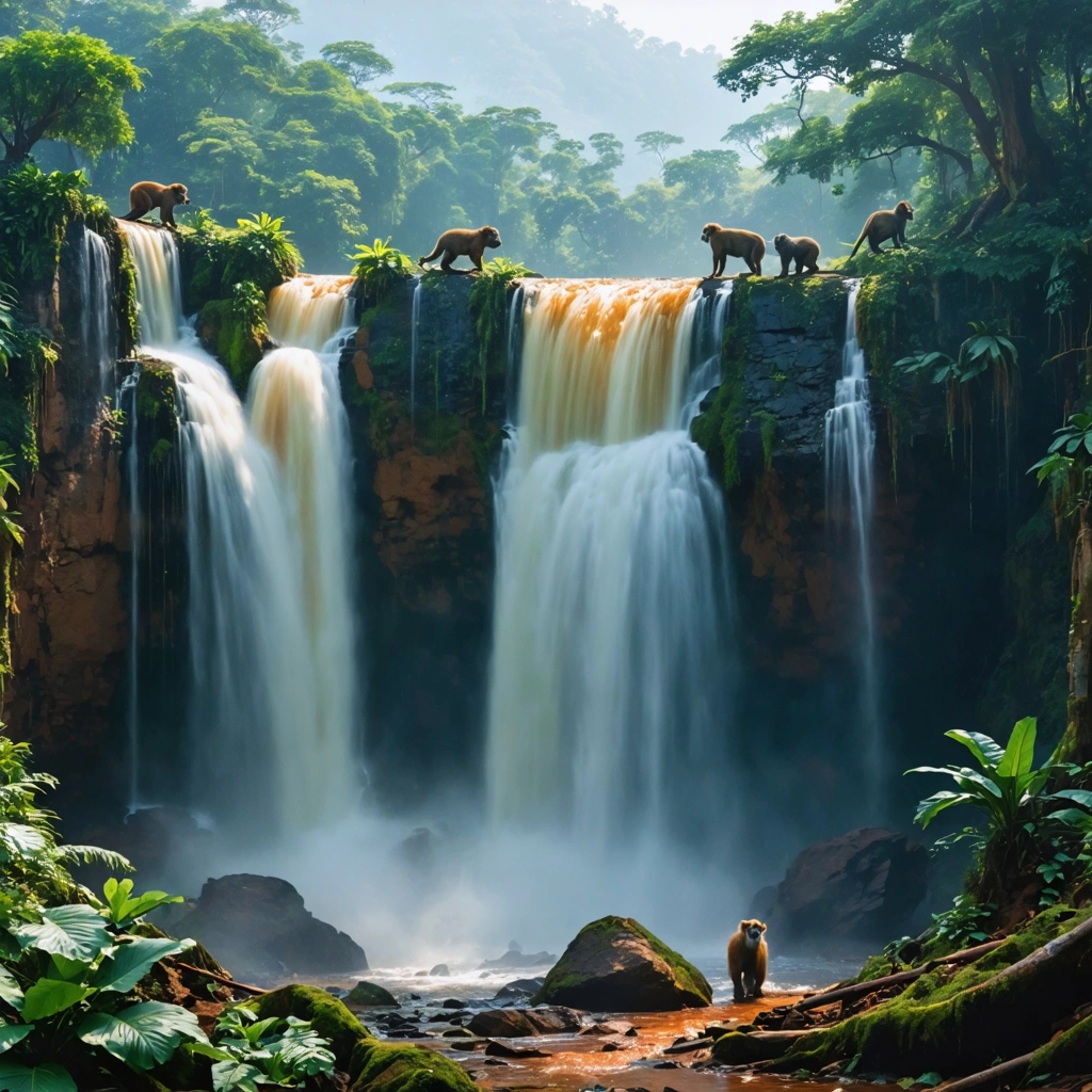 Trois belles chutes d'eau successives entourées d'une forêt dense et verdoyante, avec des babouins observant la scène depuis les arbres, le tout baigné dans une ambiance mystérieuse et envoûtante.