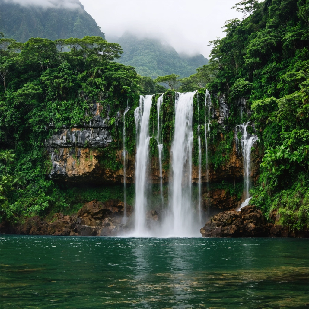 Vue d'une cascade secrète entourée de végétation luxuriante dans les îles Marquises, avec un bassin naturel au pied de la chute et des falaises volcaniques en arrière-plan.