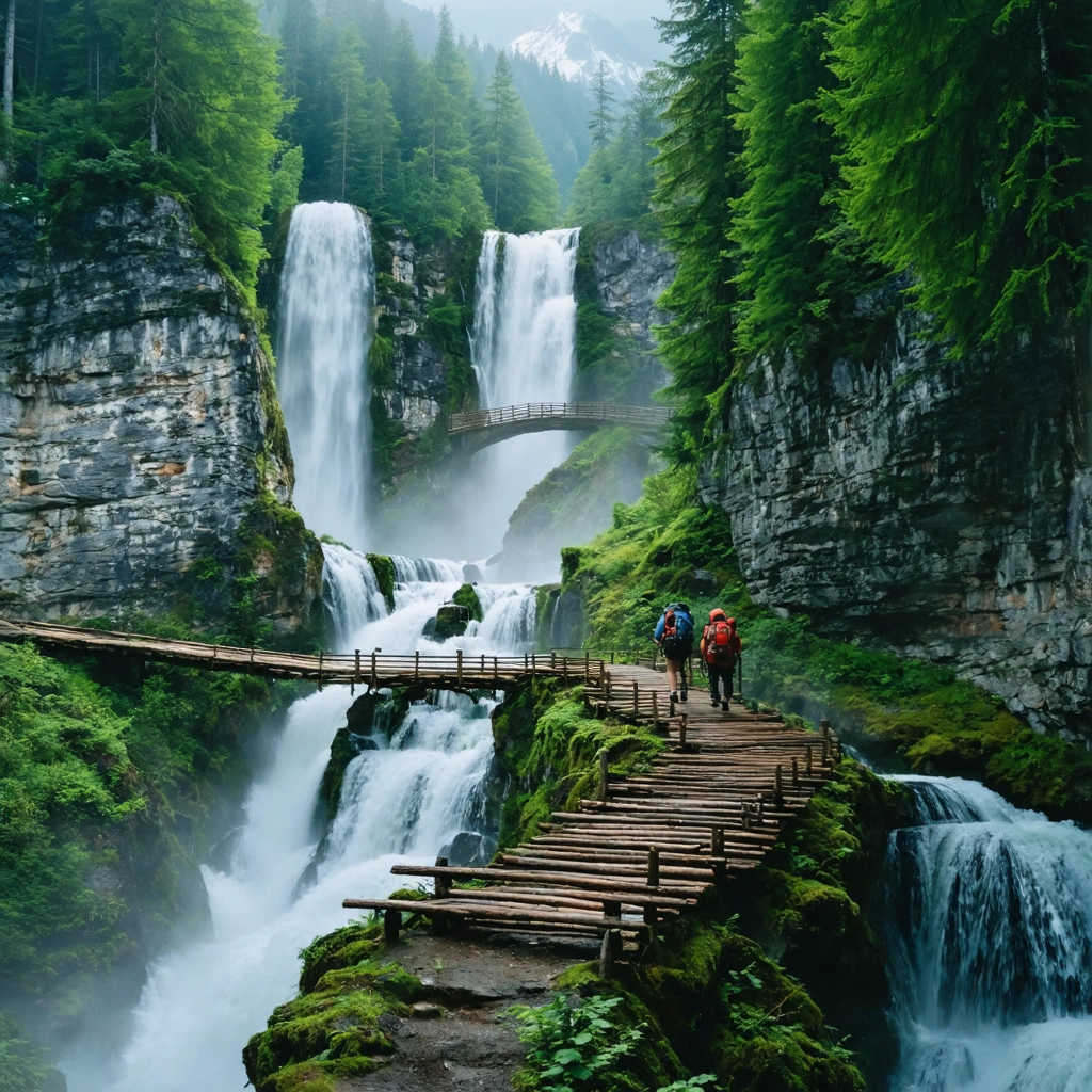 Deux cascades jumelles tombant dans une forêt dense avec des randonneurs traversant une passerelle en bois, entourés par une nature sauvage près de Kranjska Gora.