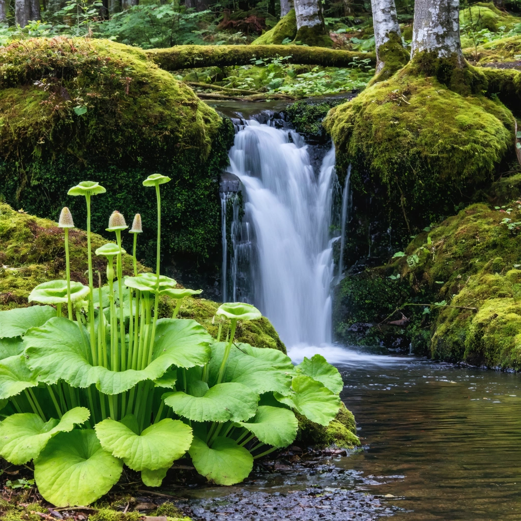 Une cascade entourée de mousse et de buissons de myrtilles, avec des plantes carnivores comme la sarracénie et la droséra poussant au bord d’un sentier sinueux dans une tourbière.