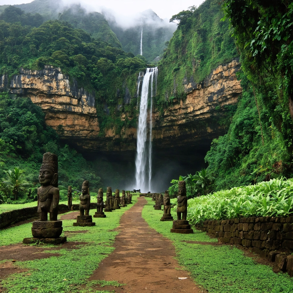 Vue d'une cascade tombant au cœur d'une vallée verdoyante de Hiva Oa, entourée de statues tiki sur un sentier sinueux, dans une ambiance mystique et artistique.