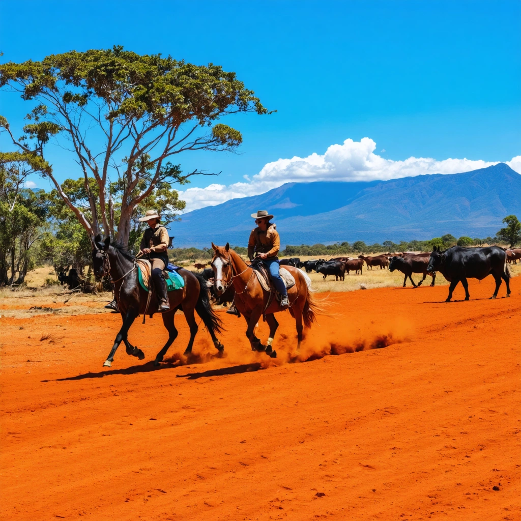 Un groupe de cavaliers traversant une plaine de terre rouge en Nouvelle-Calédonie, entourés de niaoulis, montagnes et vaches sauvages, sous un ciel bleu éclatant.