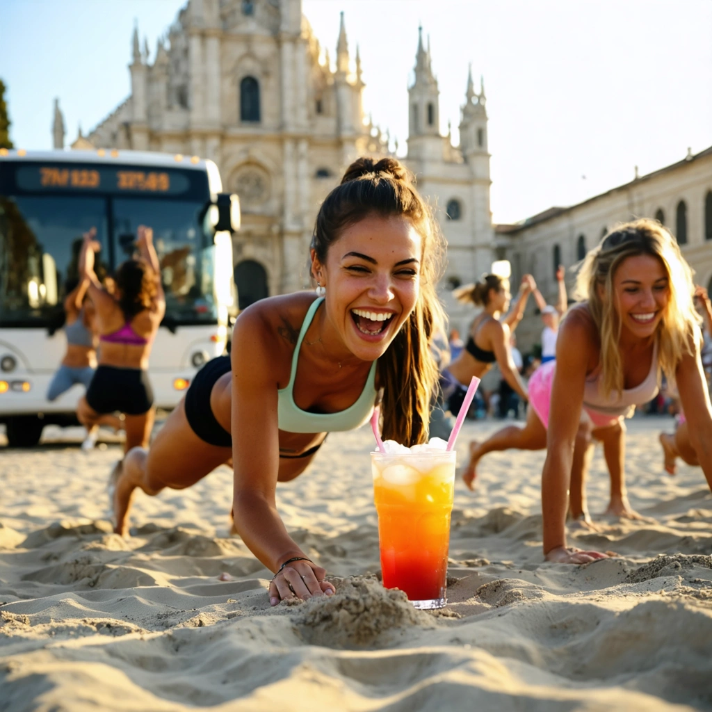 Des voyageurs souriants relèvent des défis sportifs comme des burpees sur la plage, des pompes près d'une église baroque et du yoga sur un toit de bus, avec bracelets connectés et boissons exotiques, créant une ambiance ludique et amicale.