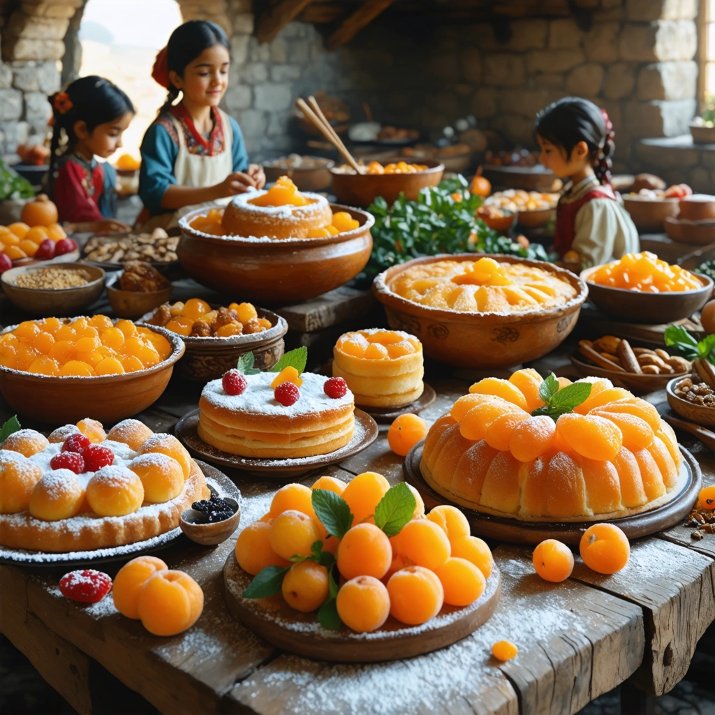 Des desserts arméniens traditionnels présentés sur une table rustique dans un village, entourés d'une famille partageant ces douceurs.