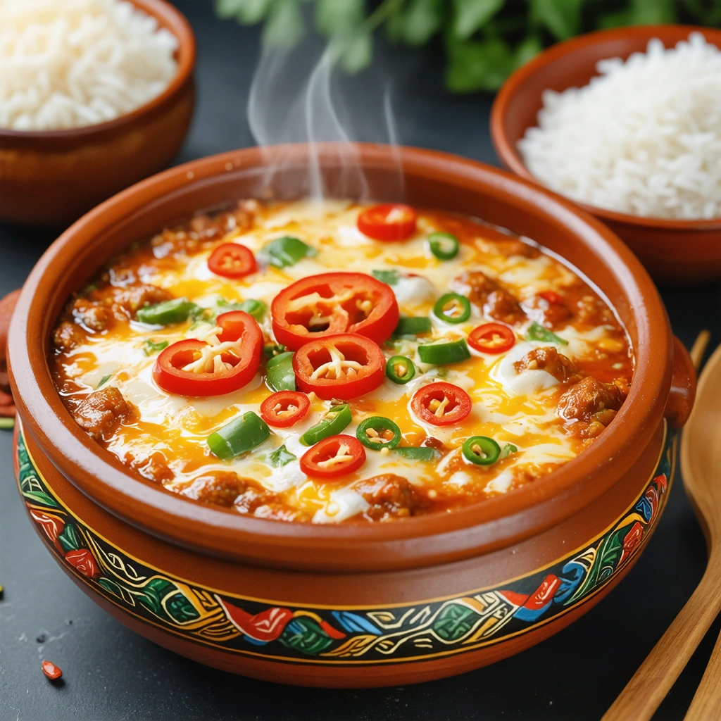 Bol traditionnel d’ema datshi bhoutanais rempli de piments rouges et verts et de fromage fondu, accompagné d’un bol de riz blanc, le tout dégageant de la vapeur pour montrer que le plat est très chaud et épicé.