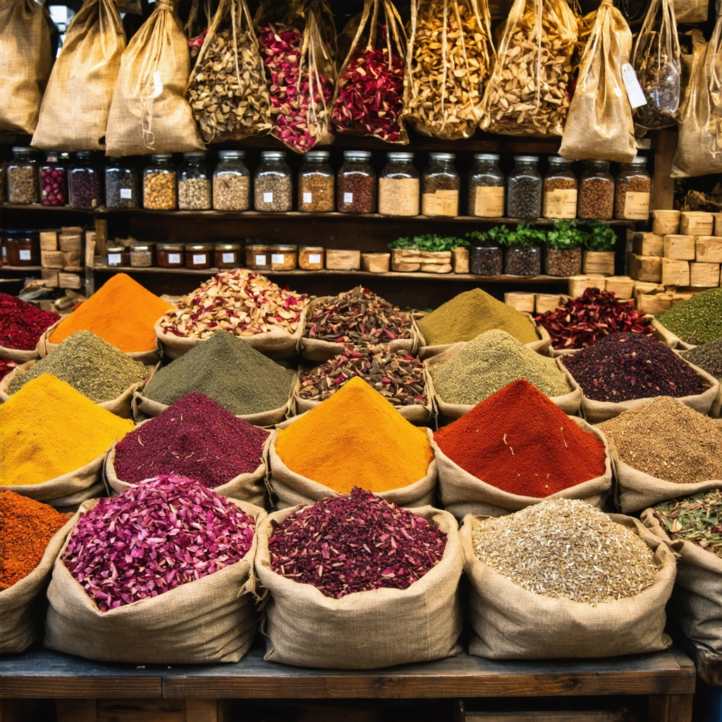 Étals d'un marché local en France présentant des épices rares iraniennes comme le safran, le sumac, la cardamome et les pétales de rose, avec un vendeur souriant et des acheteurs curieux.