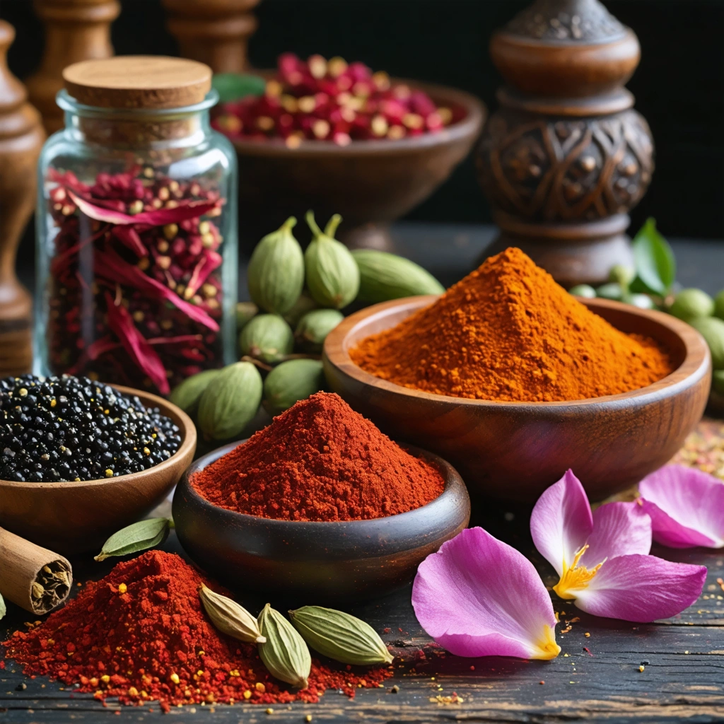 Nature morte représentant des épices rares d’Iran : safran en filaments, sumac en poudre, cardamome verte, pétales de rose et un petit pot de caviar iranien, tous disposés élégamment dans une ambiance chaleureuse et authentique.