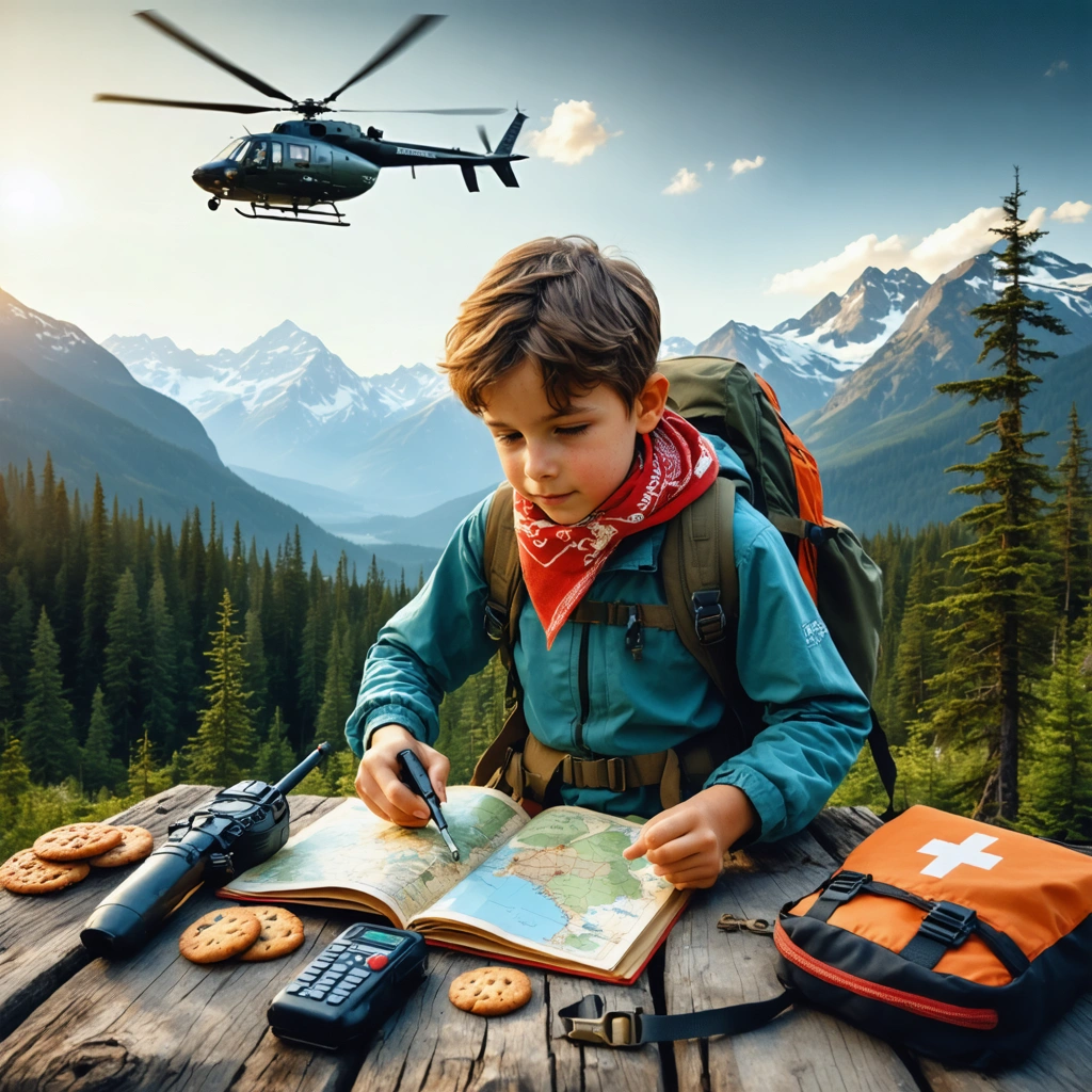 Un jeune explorateur ou exploratrice équipé pour une randonnée, devant un paysage sauvage de montagnes et de forêt, avec une trousse de secours, des cookies et un talkie-walkie à ses côtés, et un hélicoptère au loin.