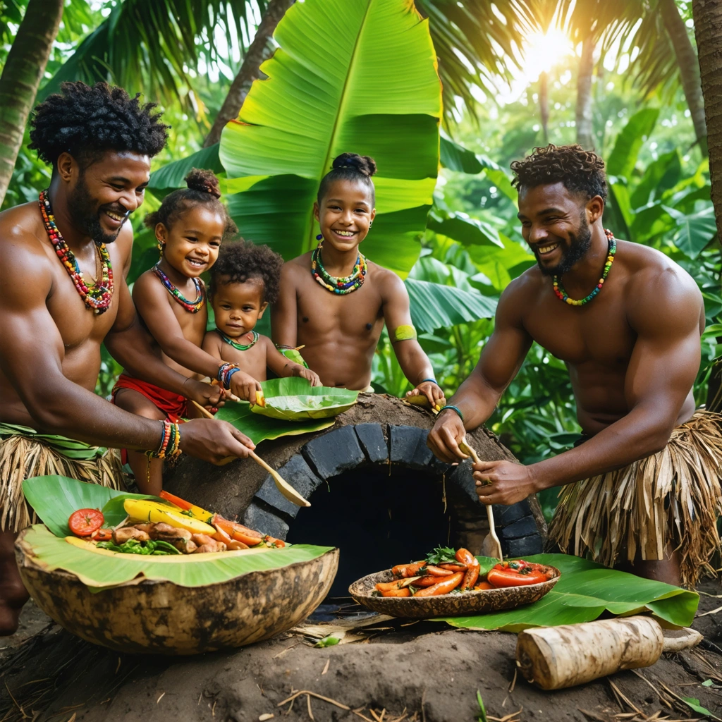 Famille ni-vanuataise préparant et partageant des plats traditionnels autour d'un four souterrain avec des feuilles de bananier et des aliments locaux.