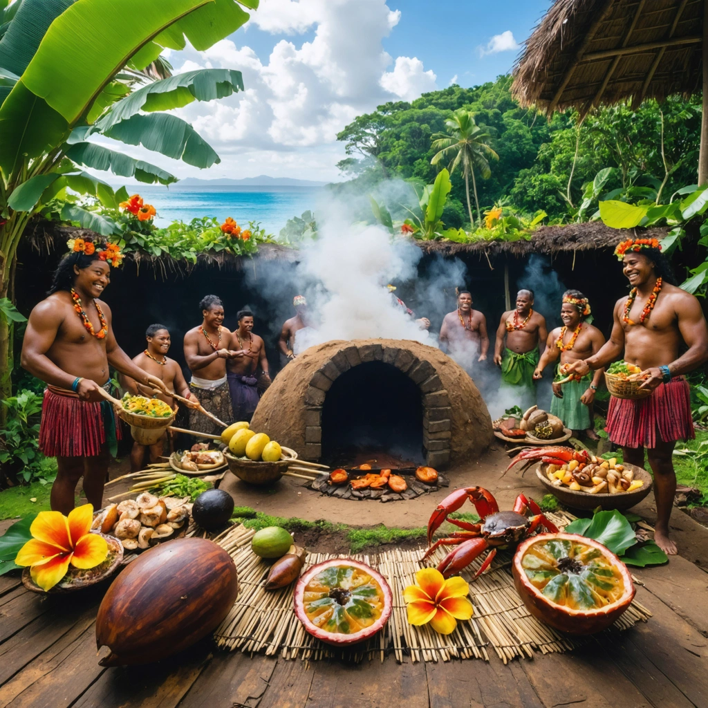 Scène de village tropical avec des habitants en habits traditionnels entourant un four enterré tandis que des plats exotiques, comme des crabes géants, des fleurs sauvages et un ragout d’escargots au fruit de la passion, sont disposés sur des nattes.