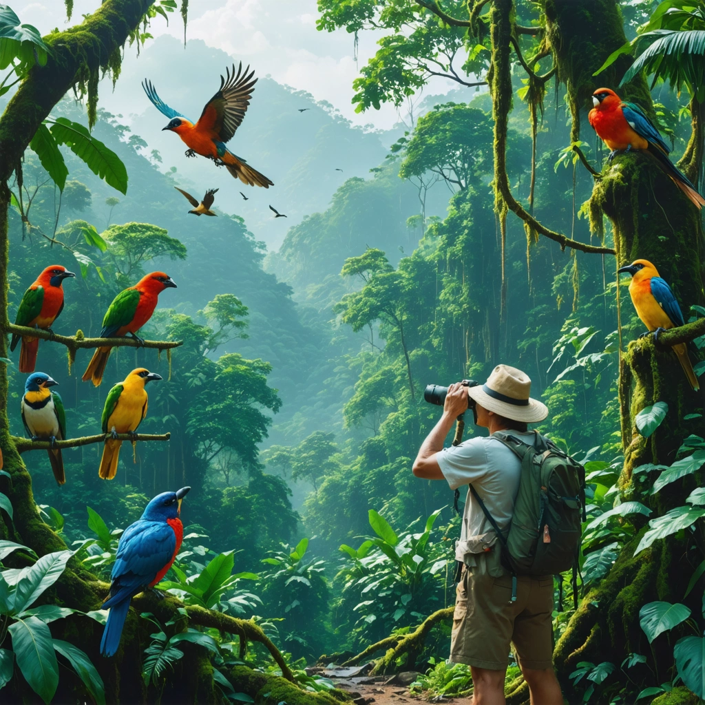 Forêt tropicale luxuriante à São Tomé-et-Príncipe, avec plusieurs oiseaux rares observés par un voyageur équipé de jumelles.