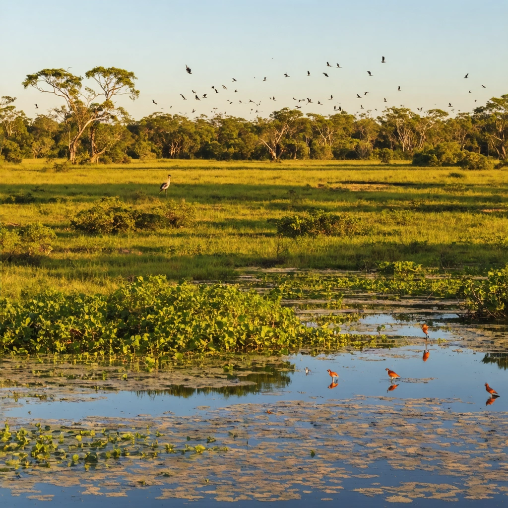 Vue panoramique d'une zone reculée du parc Kakadu au lever du soleil, montrant des oiseaux rares dans une nature sauvage et préservée