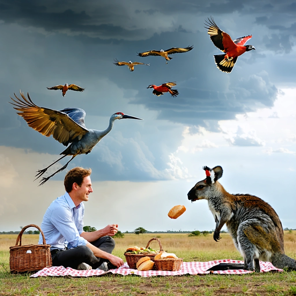 Un paysage animé dans le parc de Kakadu avec des cacatoès volant dans un ciel orageux, une grue élégante dansant, un wallaby essayant de voler un pique-nique et des oiseaux ramassant des morceaux de pain.