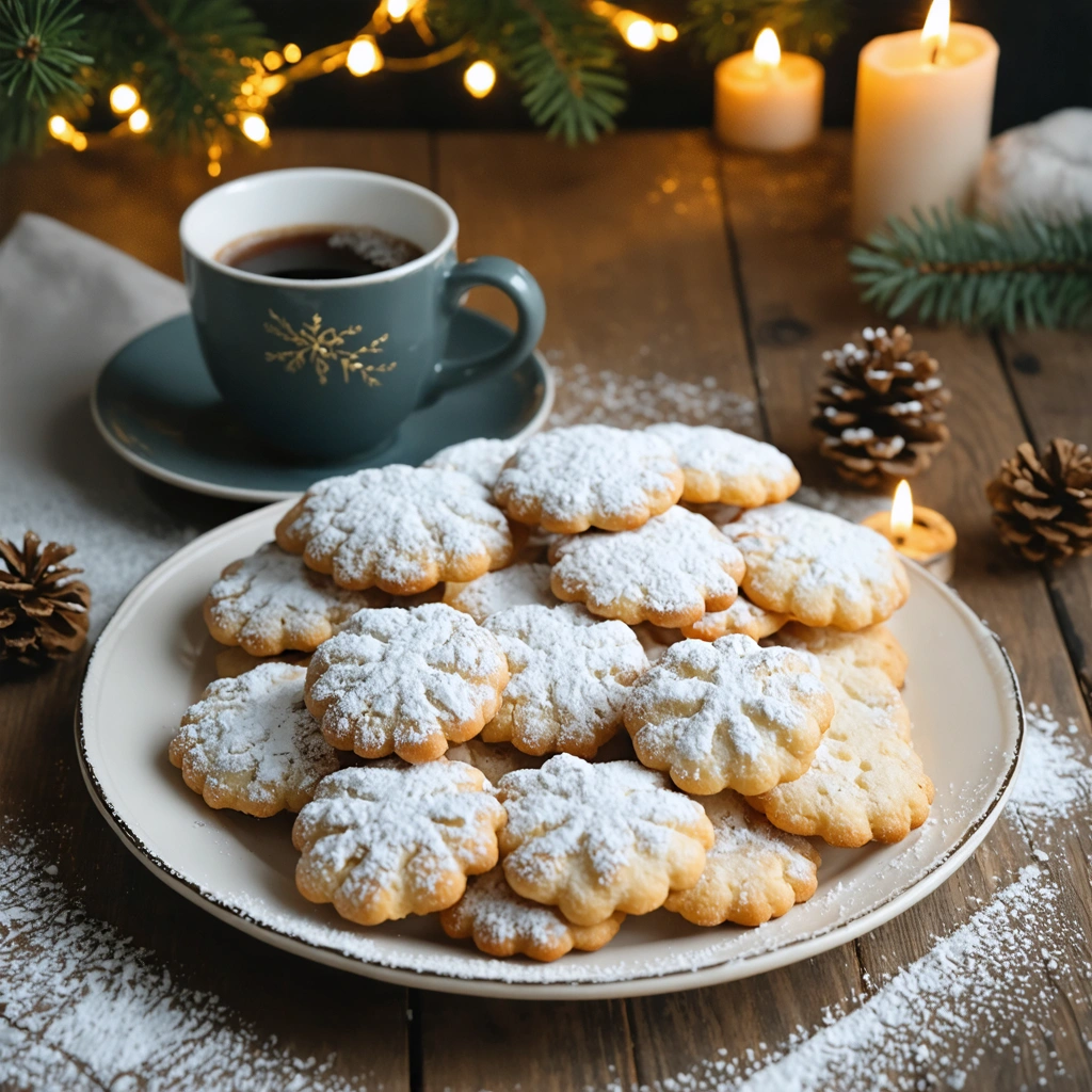 Assiette de kourabié arméniens, biscuits sablés recouverts de sucre glace, posée sur une table de fête avec une tasse de café arménien à côté.