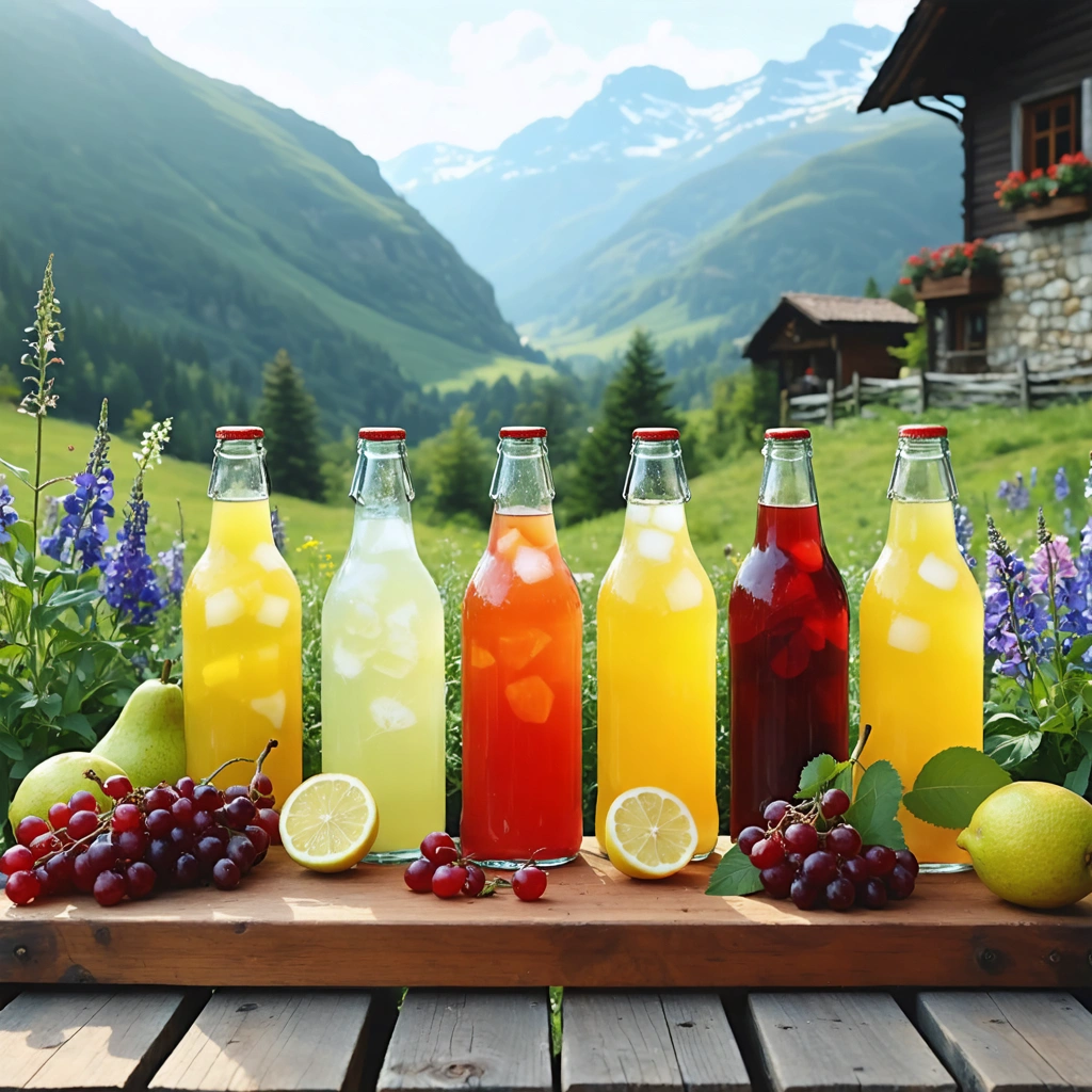Scène de pique-nique en montagne avec plusieurs limonades artisanales géorgiennes de couleurs vives dans des bouteilles en verre, posées sur une table en bois entourée de fleurs sauvages, avec des collines et des falaises en arrière-plan.