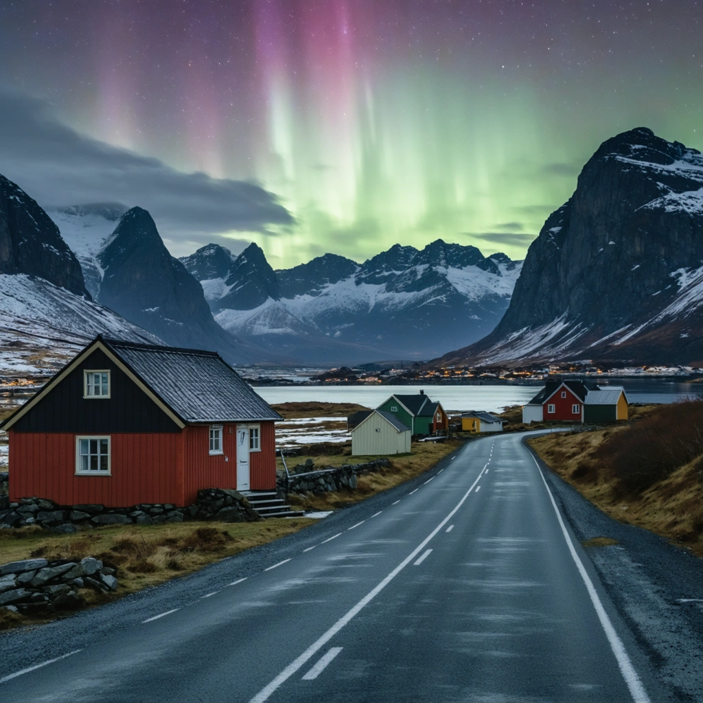 Paysage réaliste des îles Lofoten en Norvège à l'automne, avec une route vide, montagnes majestueuses, cabanes rouges en bois, fjords calmes et lumières nordiques, en dehors de la haute saison.