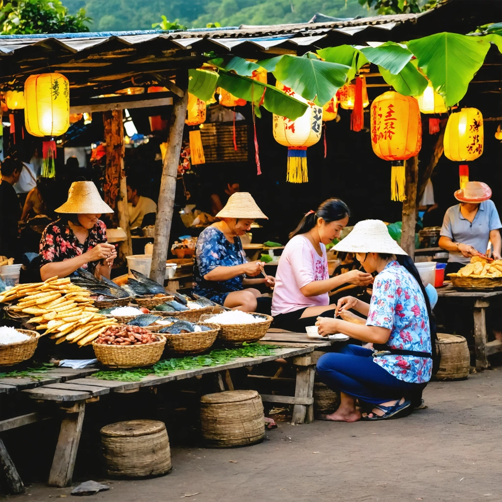 Marché de rue animé au Laos, avec des échoppes de street food et des spécialités laotiennes typiques en province.