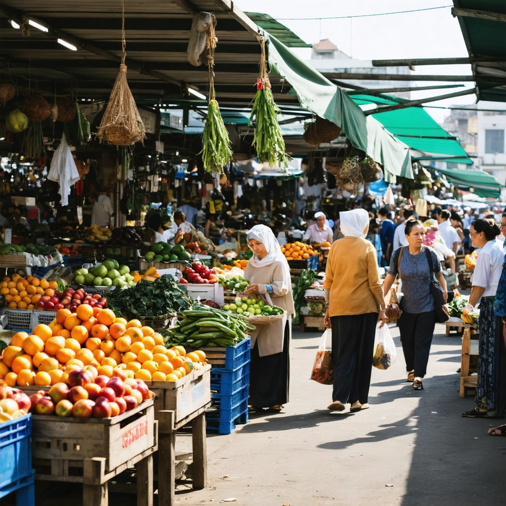 Scène animée d'un marché local étranger, avec des voyageurs dégustant des plats locaux à petit prix.