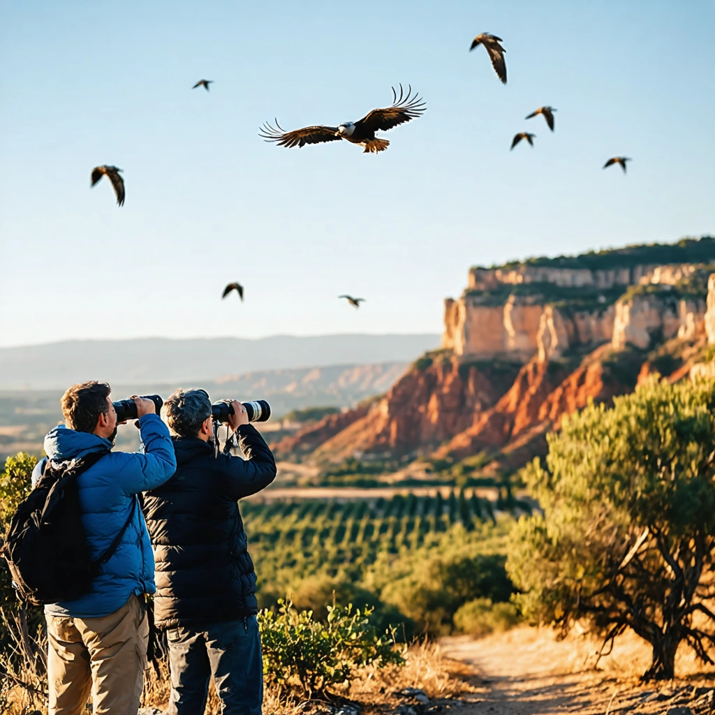 Scène matinale en Estrémadure avec des observateurs d'oiseaux admirant des vautours survolant les falaises rouges, ambiance joyeuse de découverte.