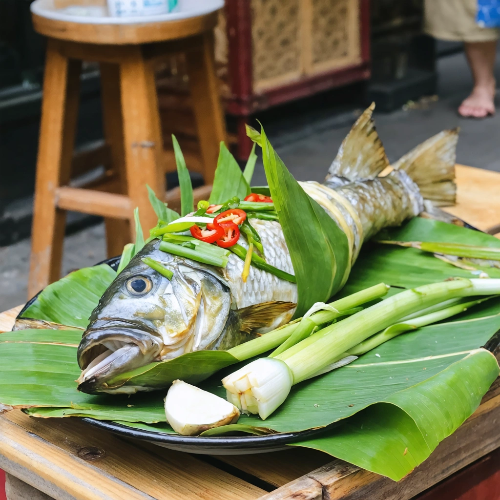 Plat de mok pa laotien : poisson cuit à la vapeur dans une feuille de bananier, ouvert pour montrer les herbes et épices, posé sur une table de marché avec des tabourets et l'ambiance d'un marché en arrière-plan.