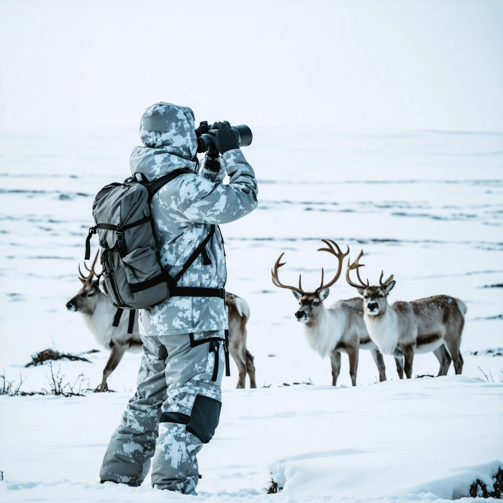Personne habillée en couleurs neutres et froides, discrète, observant des caribous avec des jumelles dans un paysage enneigé du nord, illustrant le camouflage pour approcher les animaux sans les effrayer.