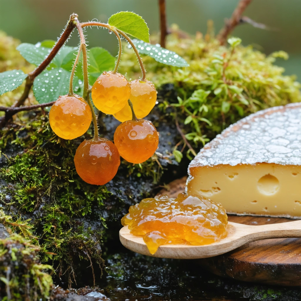 Gros plan sur des plaquebières dorées dans une tourbière humide du Grand Nord avec une assiette de confiture et un morceau de fromage à côté.