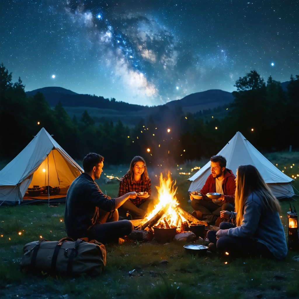 Des personnes assises autour d’un feu de camp sous un ciel étoilé, partageant un repas traditionnel et profitant d’une veillée dans la nature calédonienne, avec tentes et lumière des lucioles.