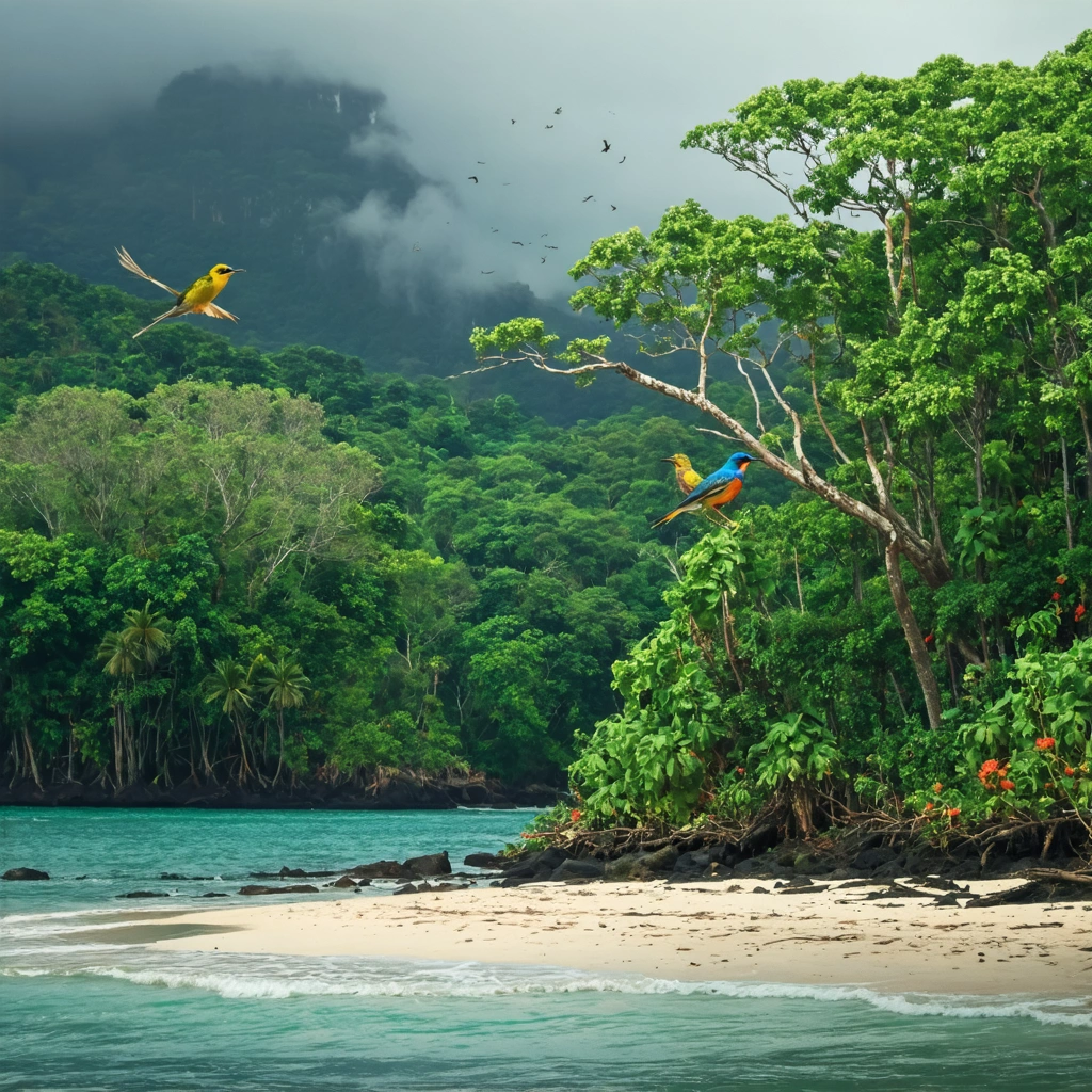 Paysage luxuriant de Sao Tome et Principe montrant une forêt tropicale dense, une plage sauvage et des oiseaux endémiques perchés dans les arbres.