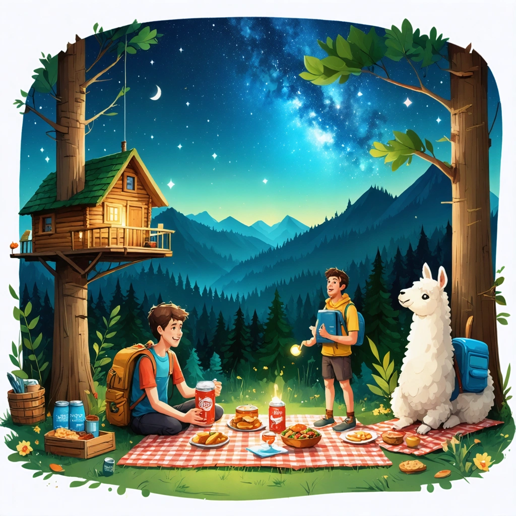 Une illustration montrant un petit-déjeuner en plein air, une personne avec une lampe frontale près d'une cabane perchée, quelqu'un utilisant un micro-onde dehors, et des activités insolites comme une balade à dos de lama et l'observation des étoiles sous un ciel nocturne.