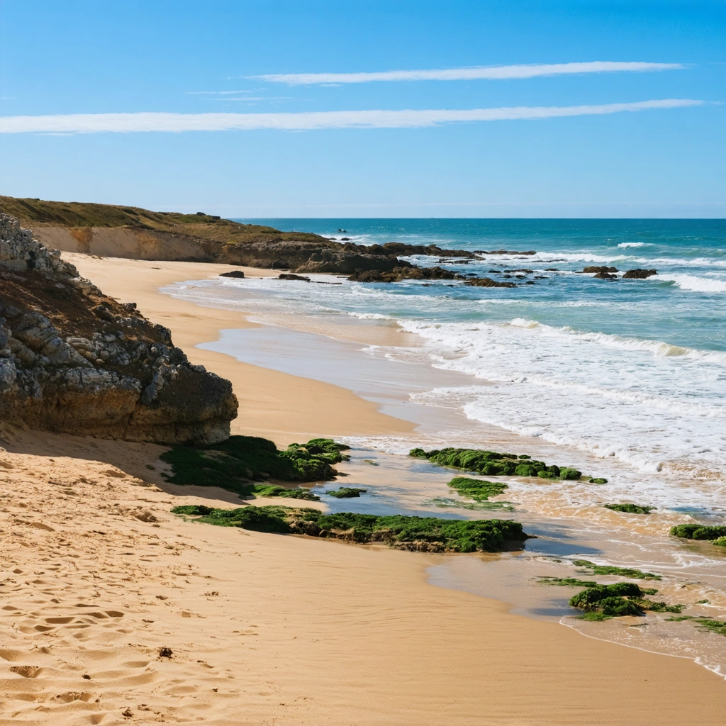 Vue réaliste d'une plage déserte au Portugal dans la région de l'Alentejo avec des dunes sauvages, des rochers et l'océan Atlantique sous un ciel bleu, presque sans présence humaine.