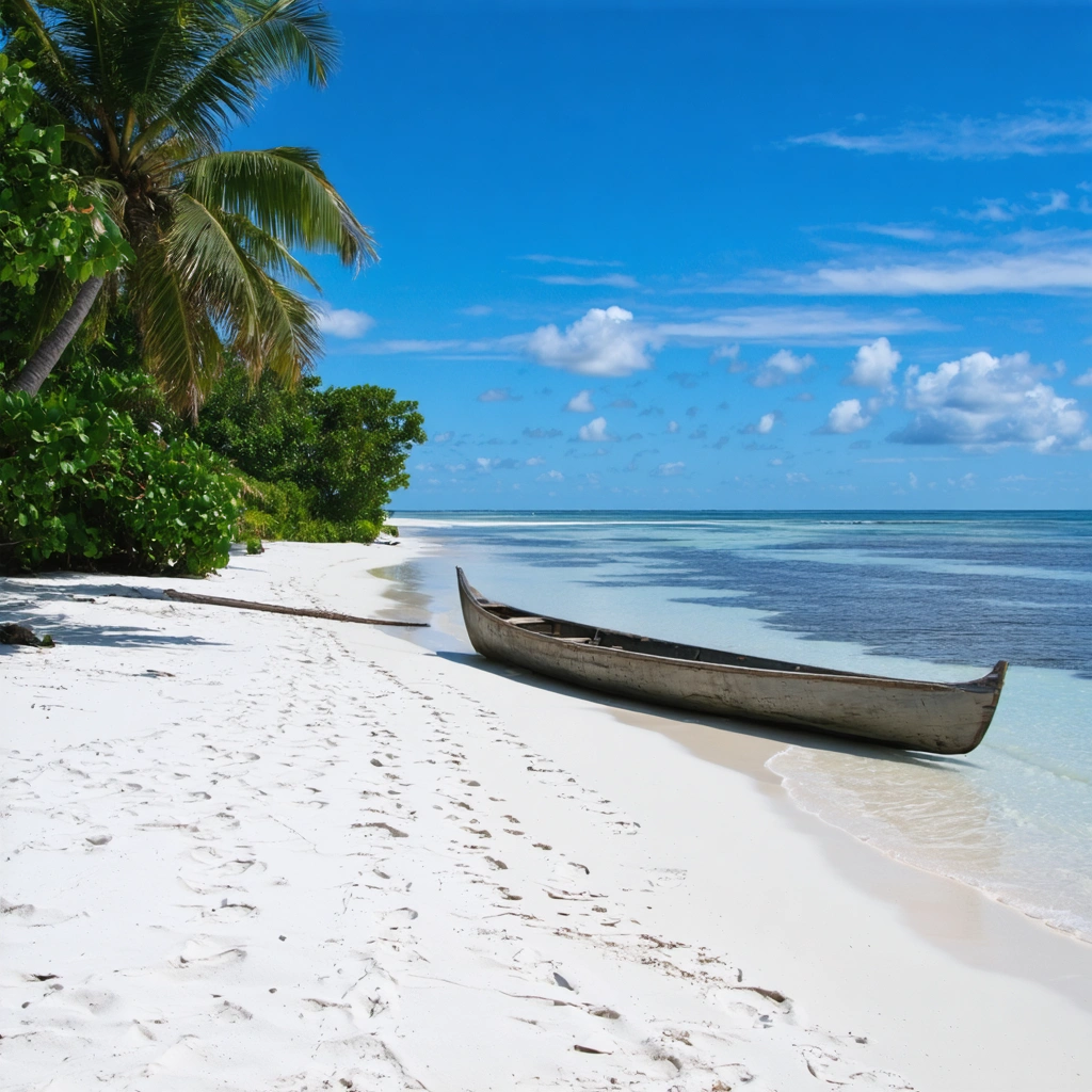 Plage déserte au nord du Mozambique, sable blanc, eau turquoise, canoë en bois, cocotiers, ciel bleu
