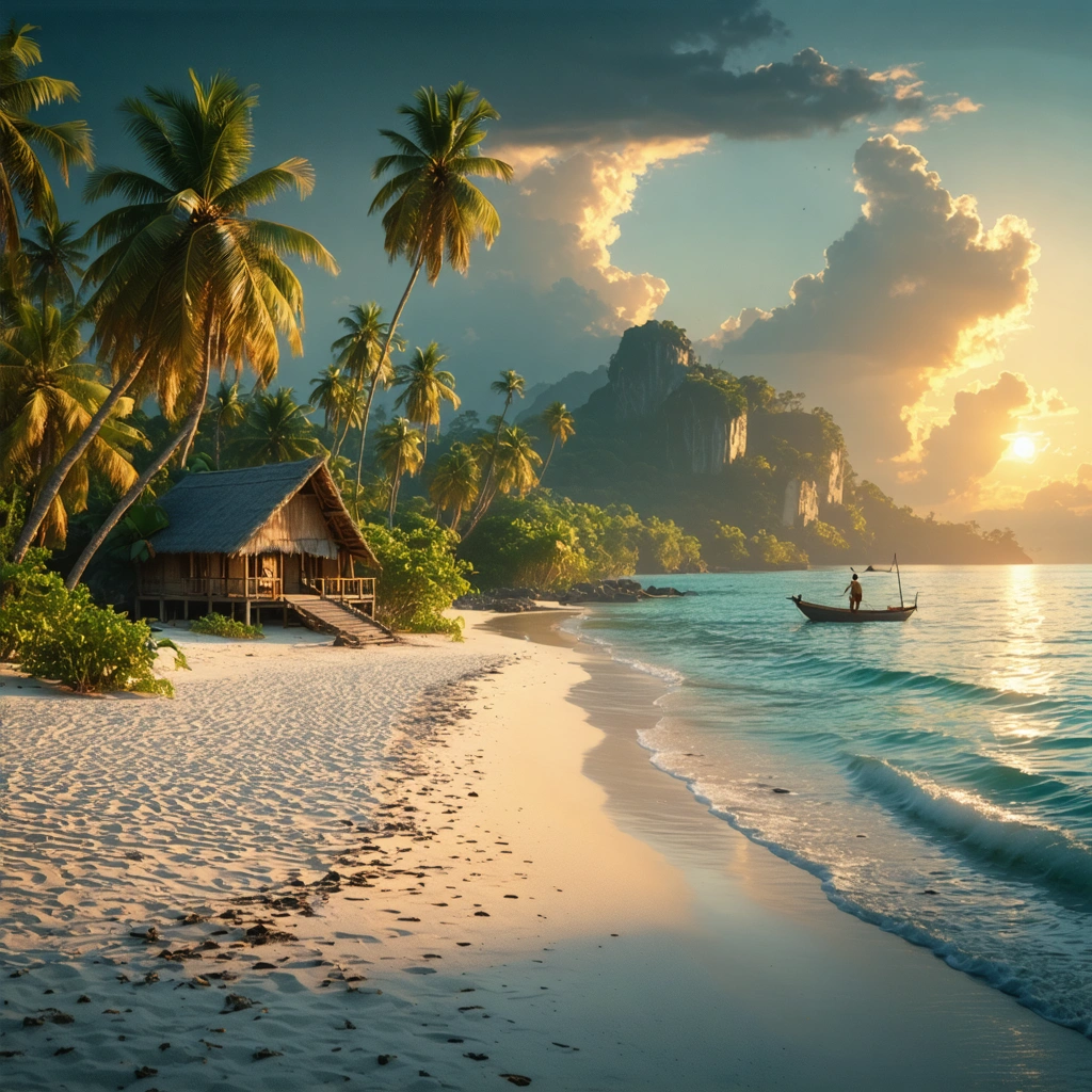 Plage secrète au sud du Cambodge avec sable doré, mer turquoise, palmiers sauvages et bungalow en bois, au coucher du soleil.