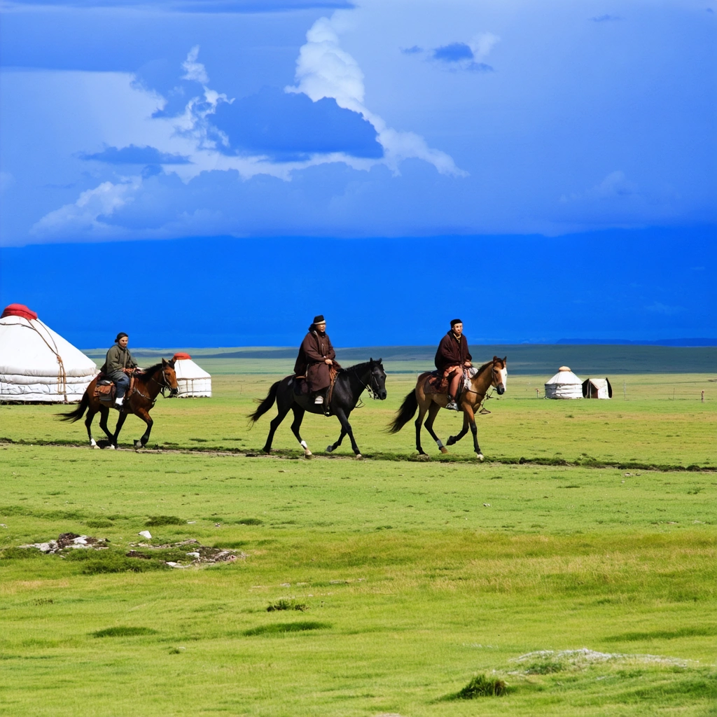 Cavaliers en randonnée à cheval traversant les steppes infinies de Mongolie, avec des yourtes mongoles et un ciel dégagé en arrière-plan.