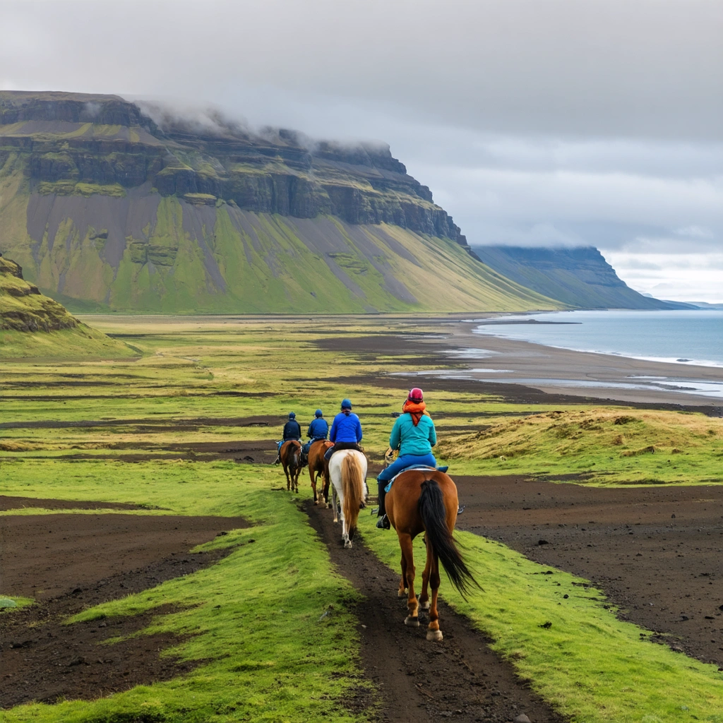 Des cavaliers sur des chevaux islandais traversant les paysages spectaculaires et sauvages des Westfjords, avec fjords, falaises et plages désertes en arrière-plan.