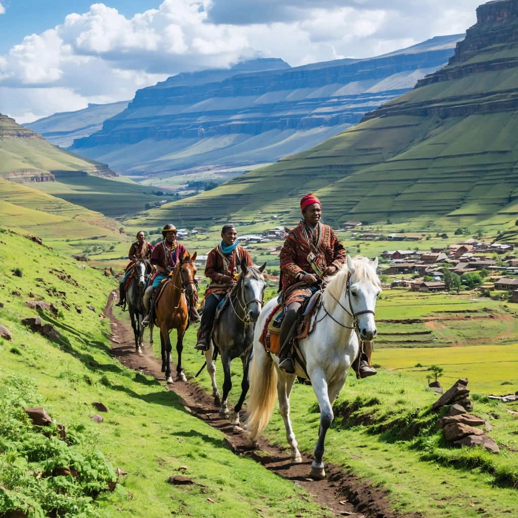 Voyageurs à cheval sur des poneys Basotho parcourant un sentier en montagne au Lesotho, entourés de paysages verts et de villages traditionnels.