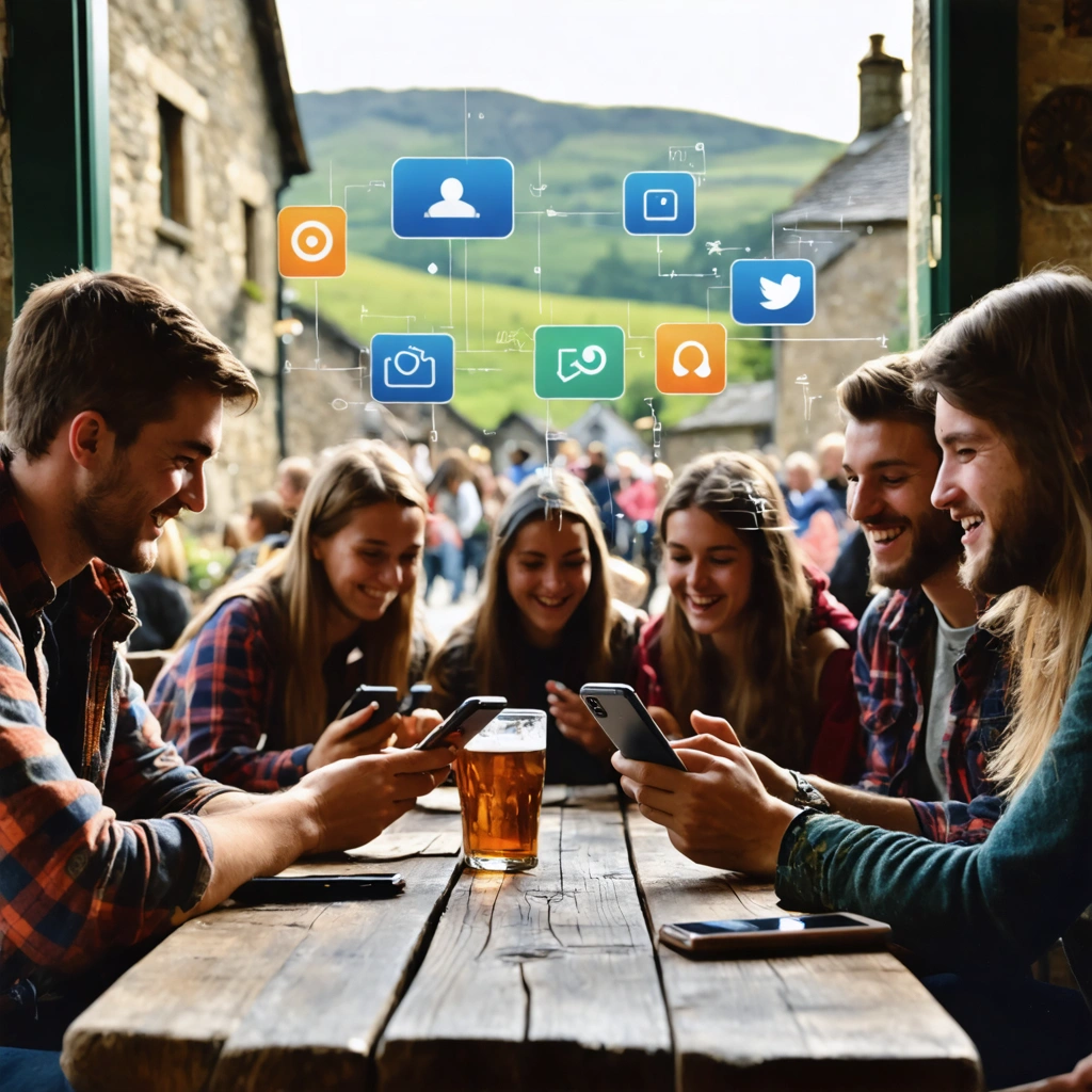 Des voyageurs assis autour d'une table dans un pub écossais, utilisant leurs téléphones pour rencontrer d'autres personnes grâce à des applications, avec en arrière-plan une ambiance de village et de fête locale.