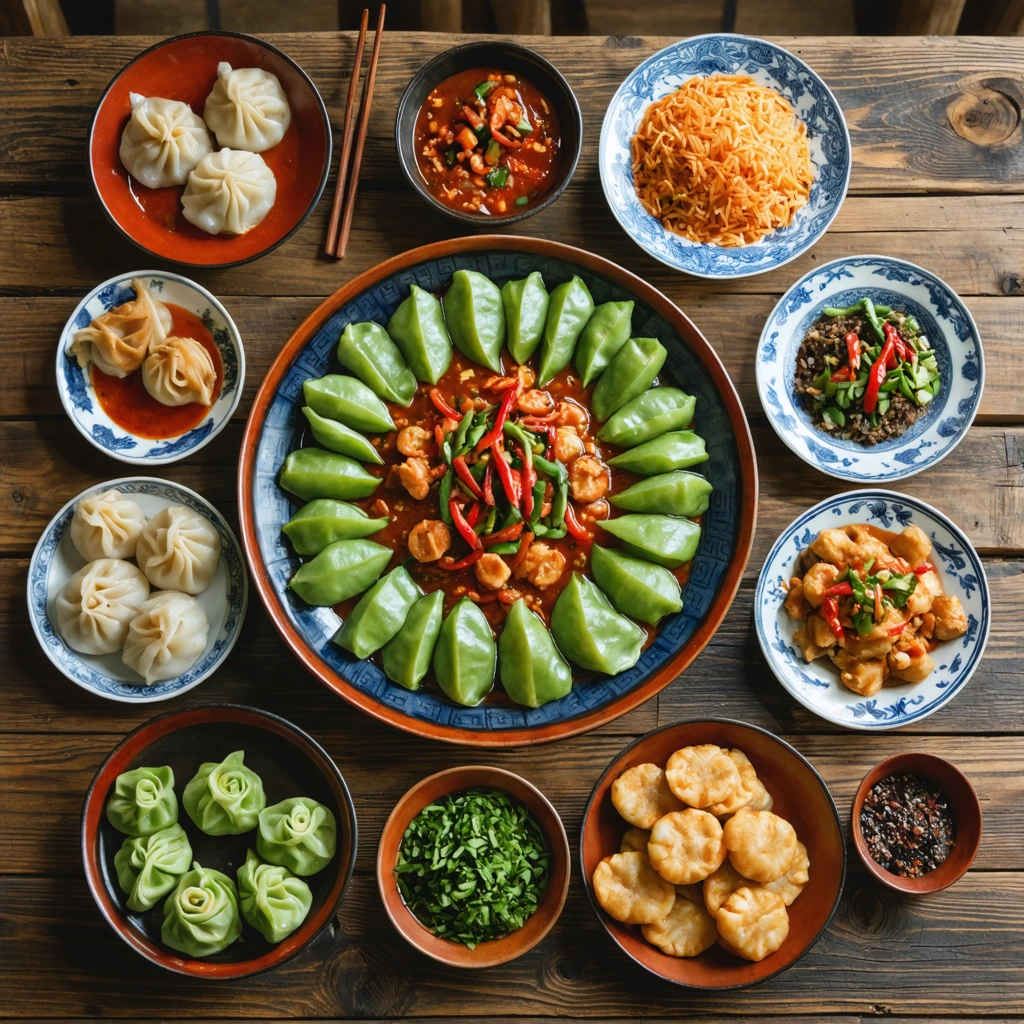 Table typique du Bhoutan garnie de différents plats authentiques bhoutanais comme ema datshi, riz rouge, momos, hoentay et desserts locaux