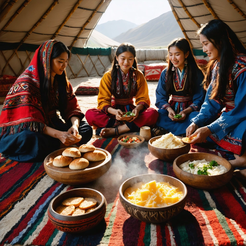 Scène conviviale à l'intérieur d'une yourte kirghize où des habitants partagent un repas traditionnel sur une table basse décorée, entourés de tapis colorés et d'objets artisanaux.