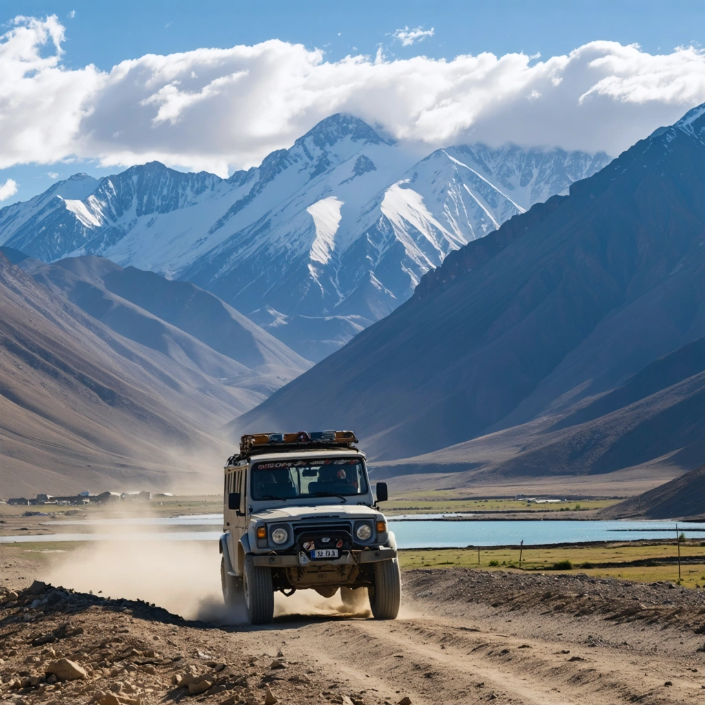 Un 4x4 roulant sur une piste isolée au Tadjikistan, entouré de montagnes spectaculaires, de lacs turquoise et de villages reculés dans une nature sauvage.